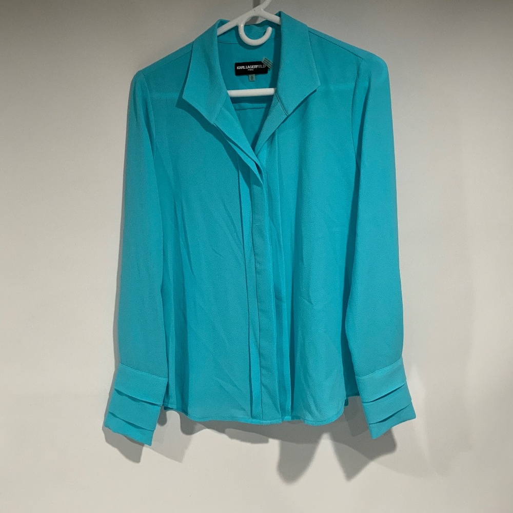 Karl Lagerfeld Sz S Turquoise Blue Long Sleeve Button Up Blouse